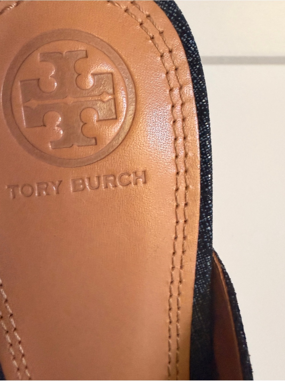Tory Burch Pointed Denim-Textured Slip-On Mules in Dark Blue - Picture 7 of 9